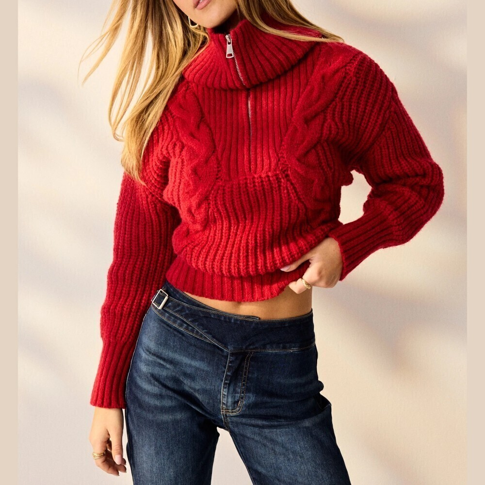 Red Cable Knit Half Zip Turtleneck Cropped Sweater
